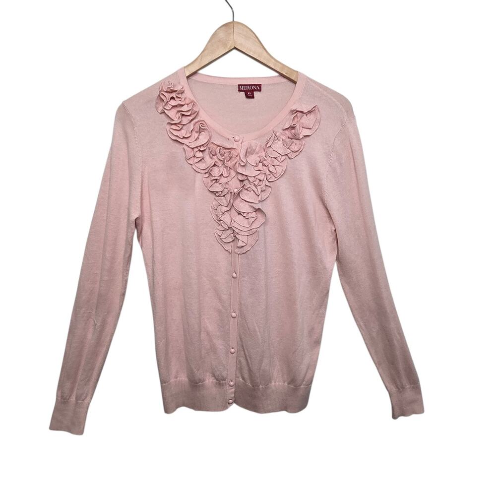 Merona‎ Floral Ruffle Pink Button Cardigan 100% Cotton SZ XL Soft Girl Coquette